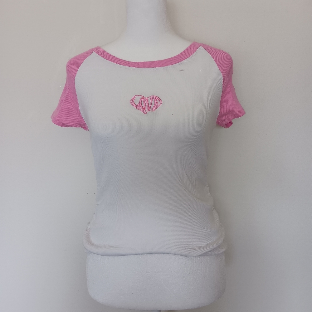 pink and white love embroidered ribbed ruched t-shirt